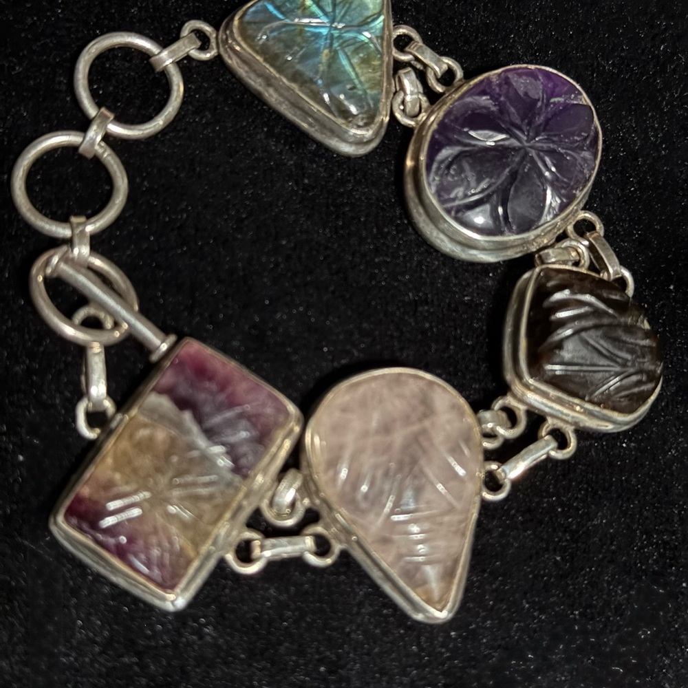 Gorgeous 925 Sterling  Carved Silver Multi-Stone Bracelet - Signed